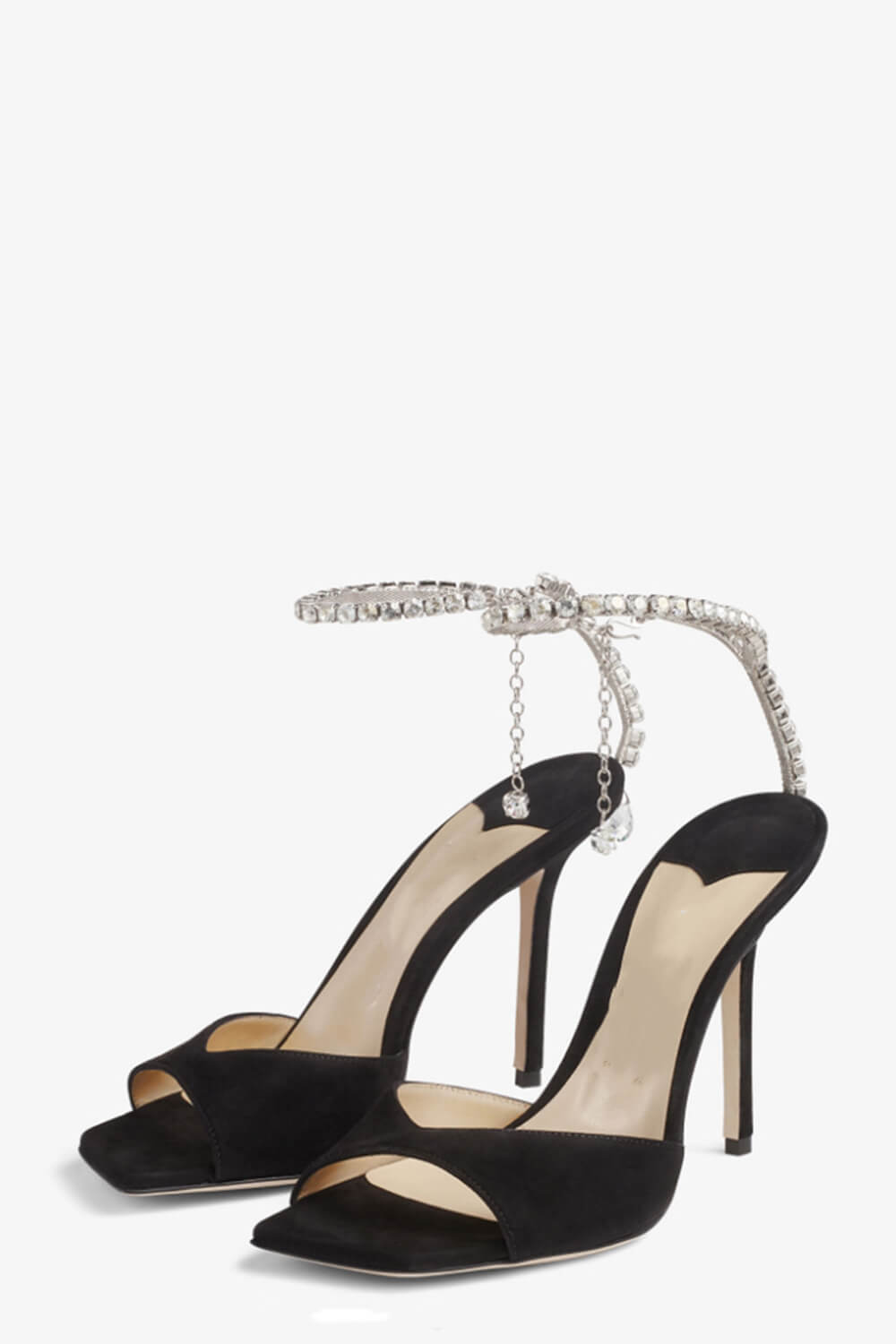 Black Faux Suede Crystal-Embellished Open Square Toe Stiletto Heeled Courts - Image 3