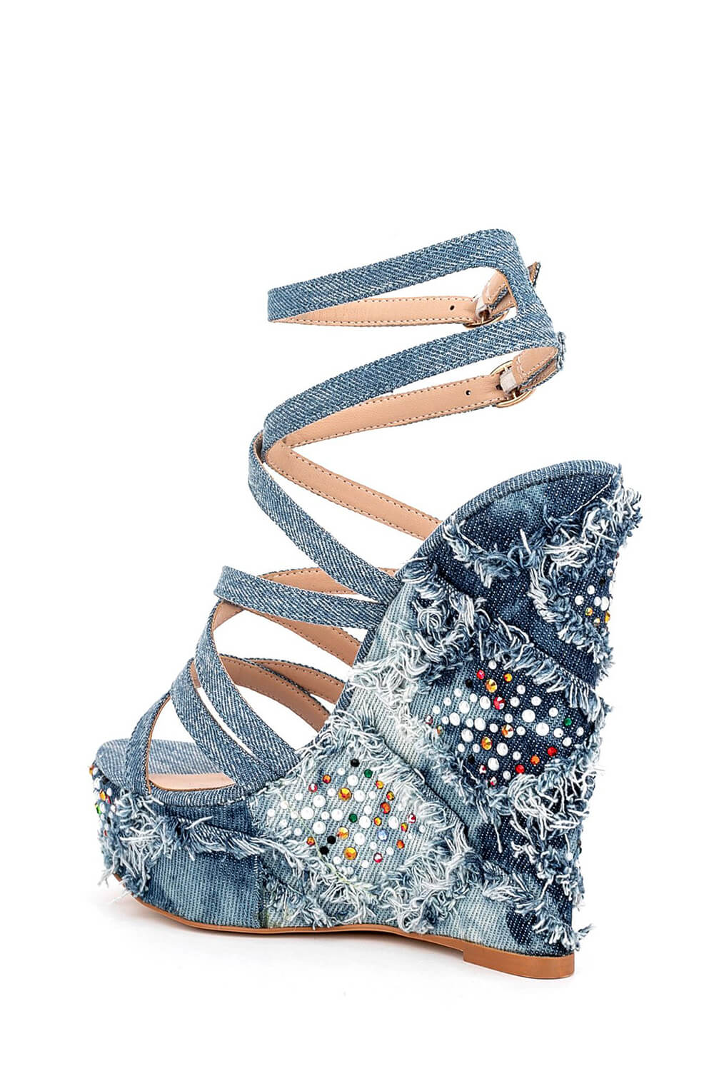 Denim Gem-Embellished Strappy Peep Toe Lace Up High Wedge Sandals - Image 3