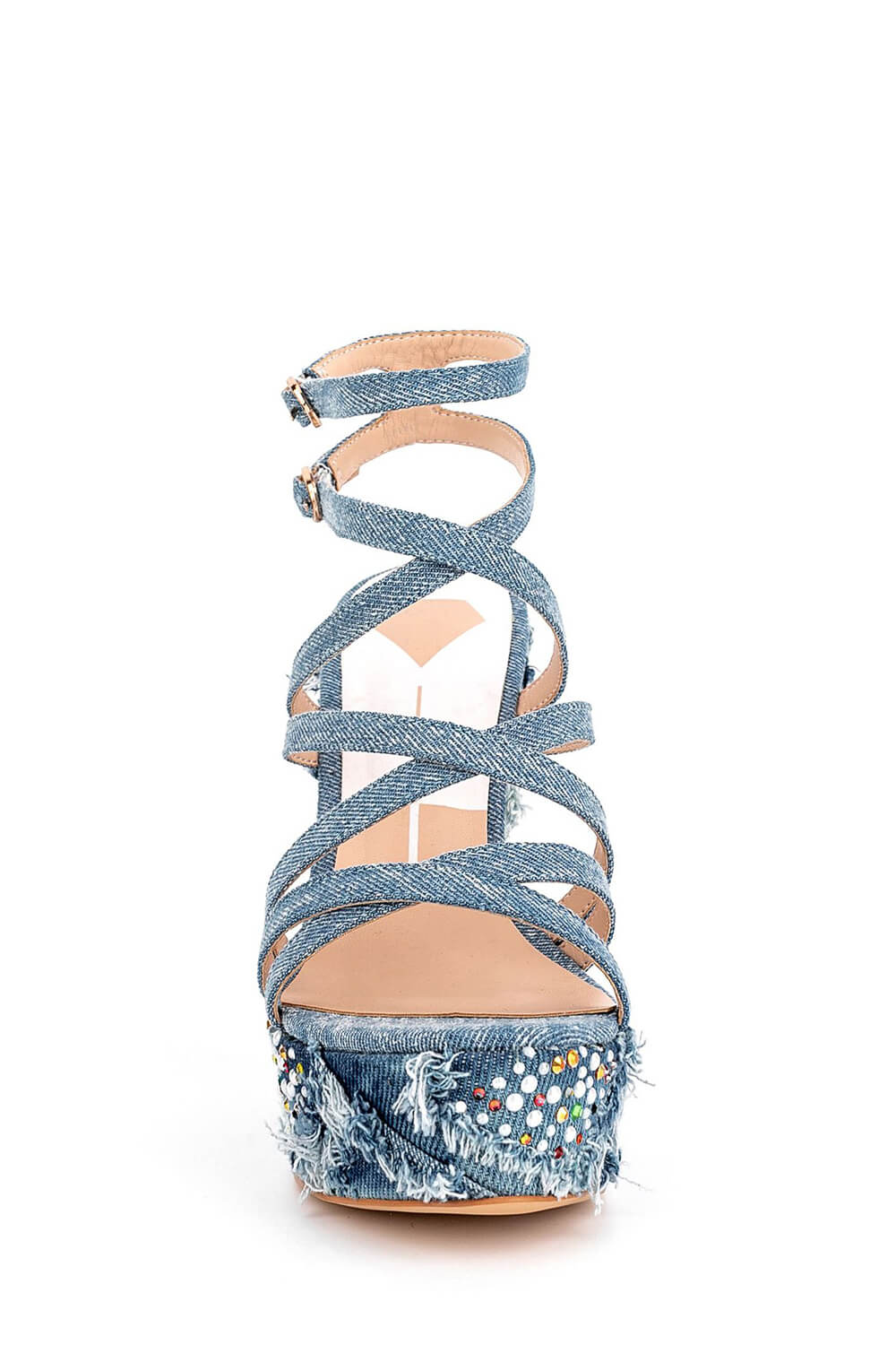 Denim Gem-Embellished Strappy Peep Toe Lace Up High Wedge Sandals - Image 2