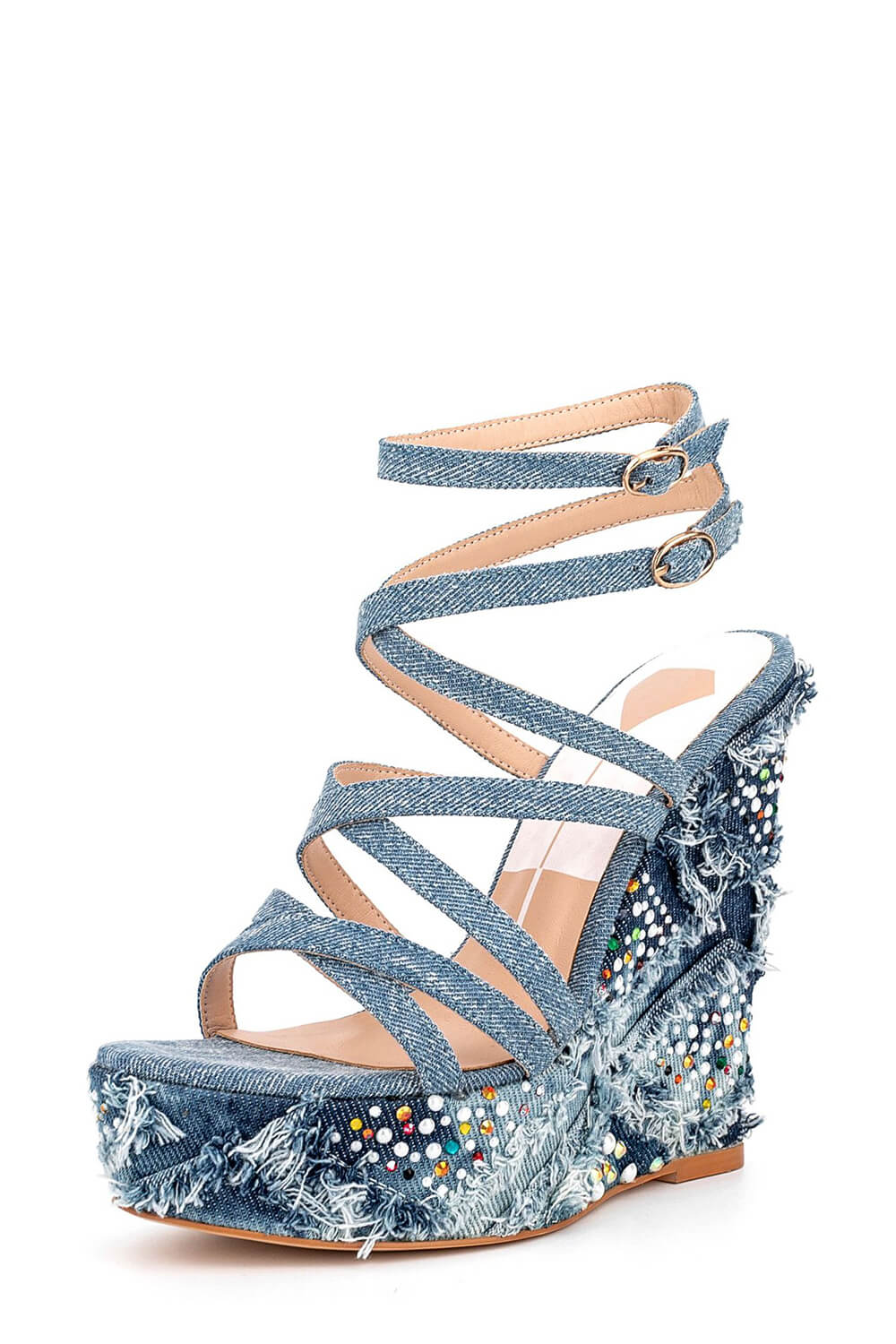 Denim Gem-Embellished Strappy Peep Toe Lace Up High Wedge Sandals - Image 4