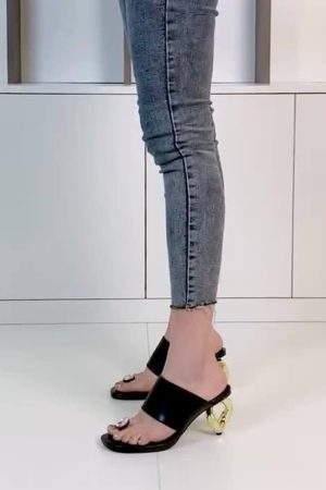 Diamond Faux Leather Square Toe Chain Heel Sandal - Black