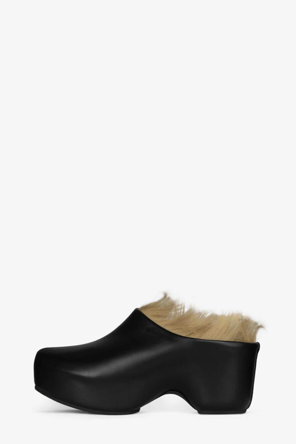 Black Faux Fur-Lined Sling Back Slip On Curved Platform Clogs - Image 5