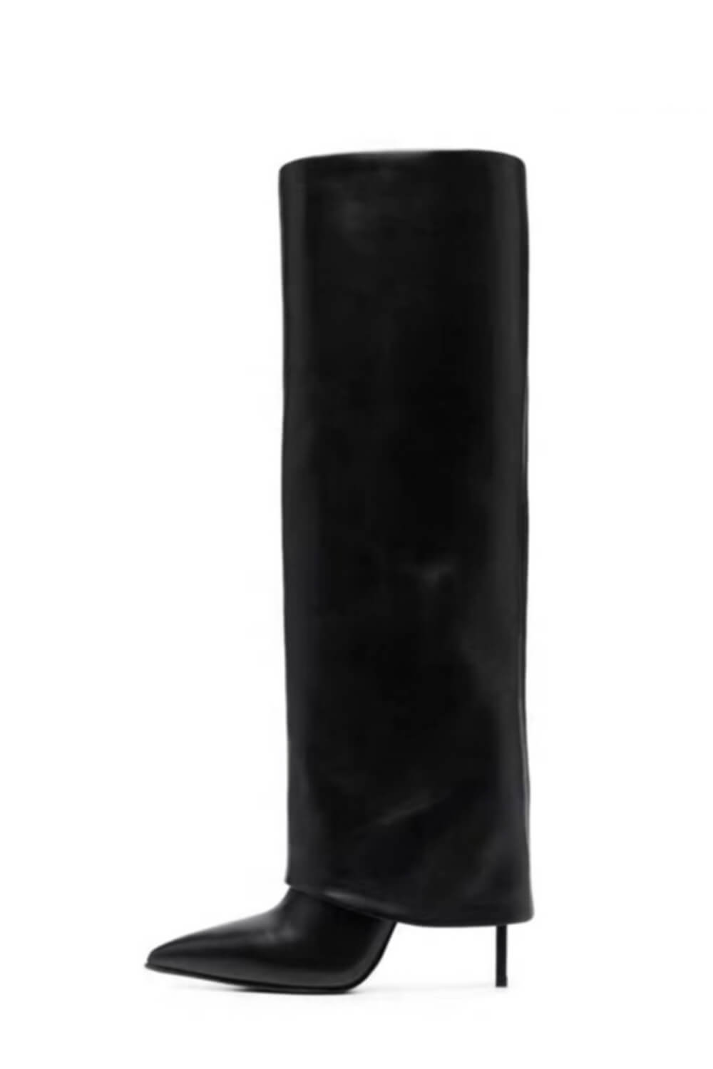Black Faux Leather Folded Over Knee High Stiletto Heeled Boots - Image 2