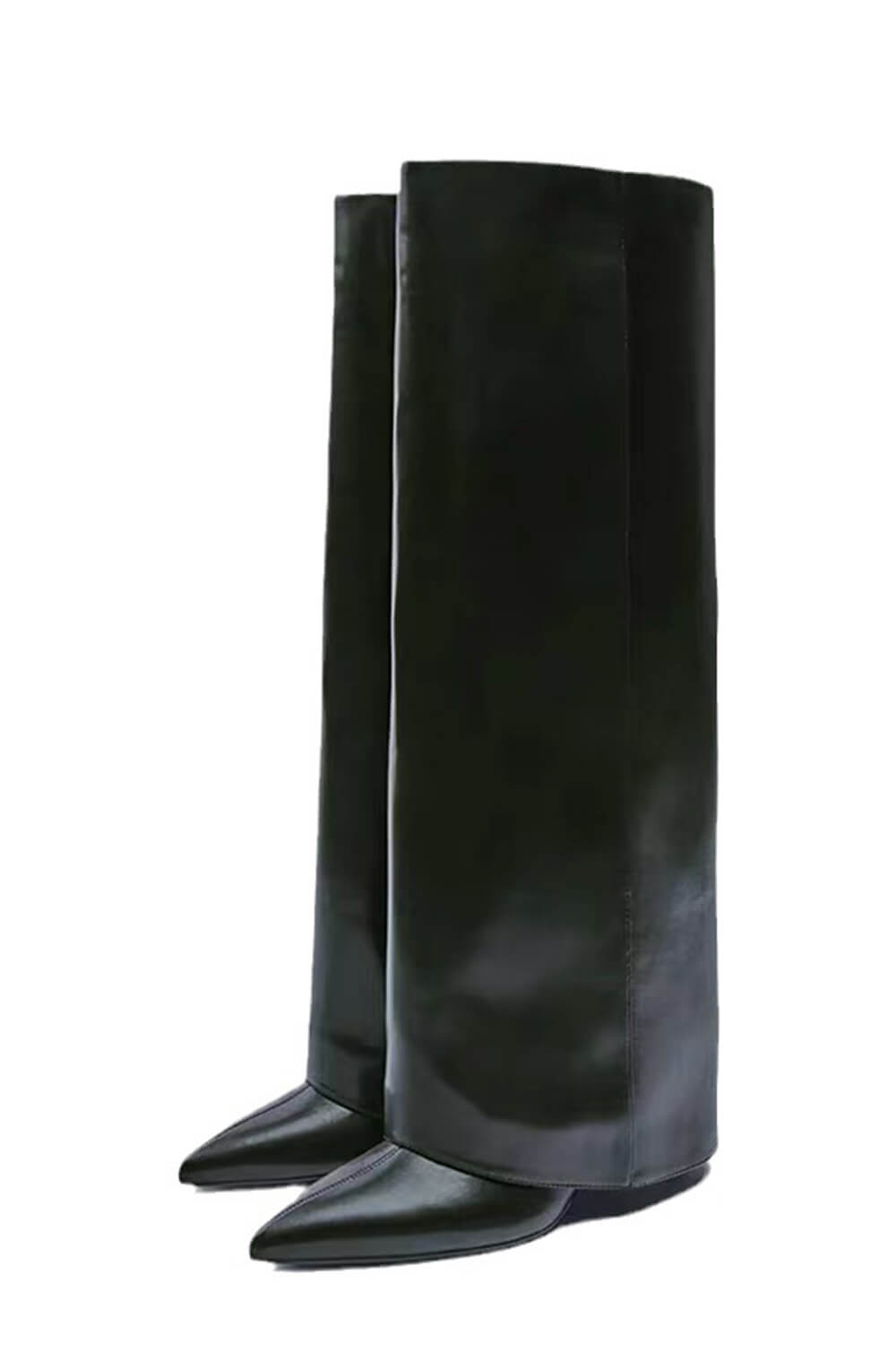 Black Faux Leather Folded Over Knee High Stiletto Heeled Boots - Image 3