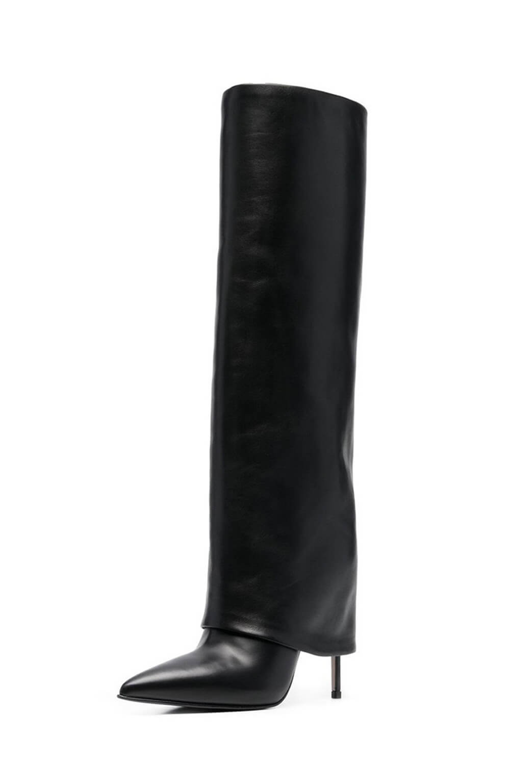 Black Faux Leather Folded Over Knee High Stiletto Heeled Boots - Image 4