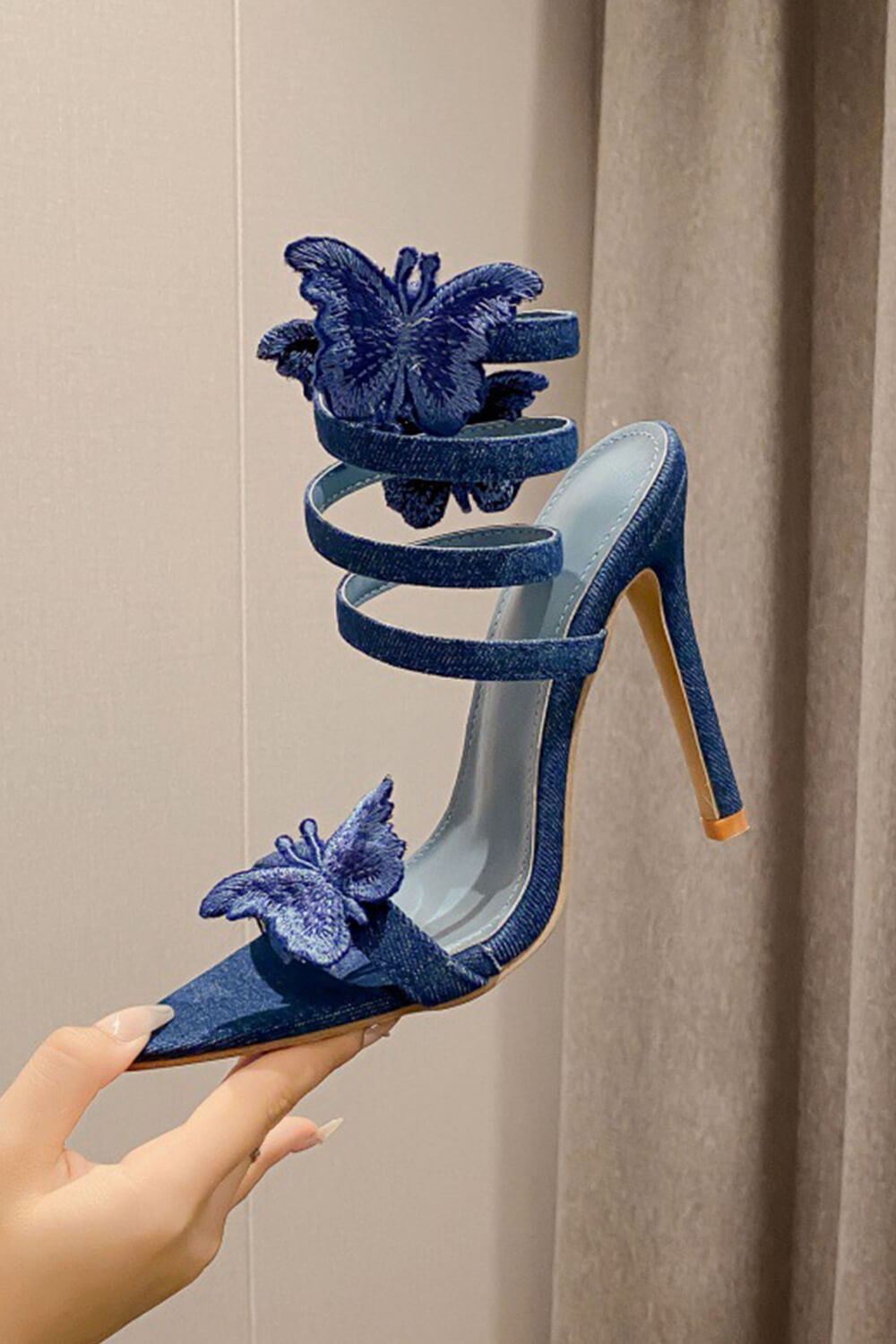 3D Butterfly Embellished Around The Ankle Coil Stiletto Heels - Blue Denim - Image 6