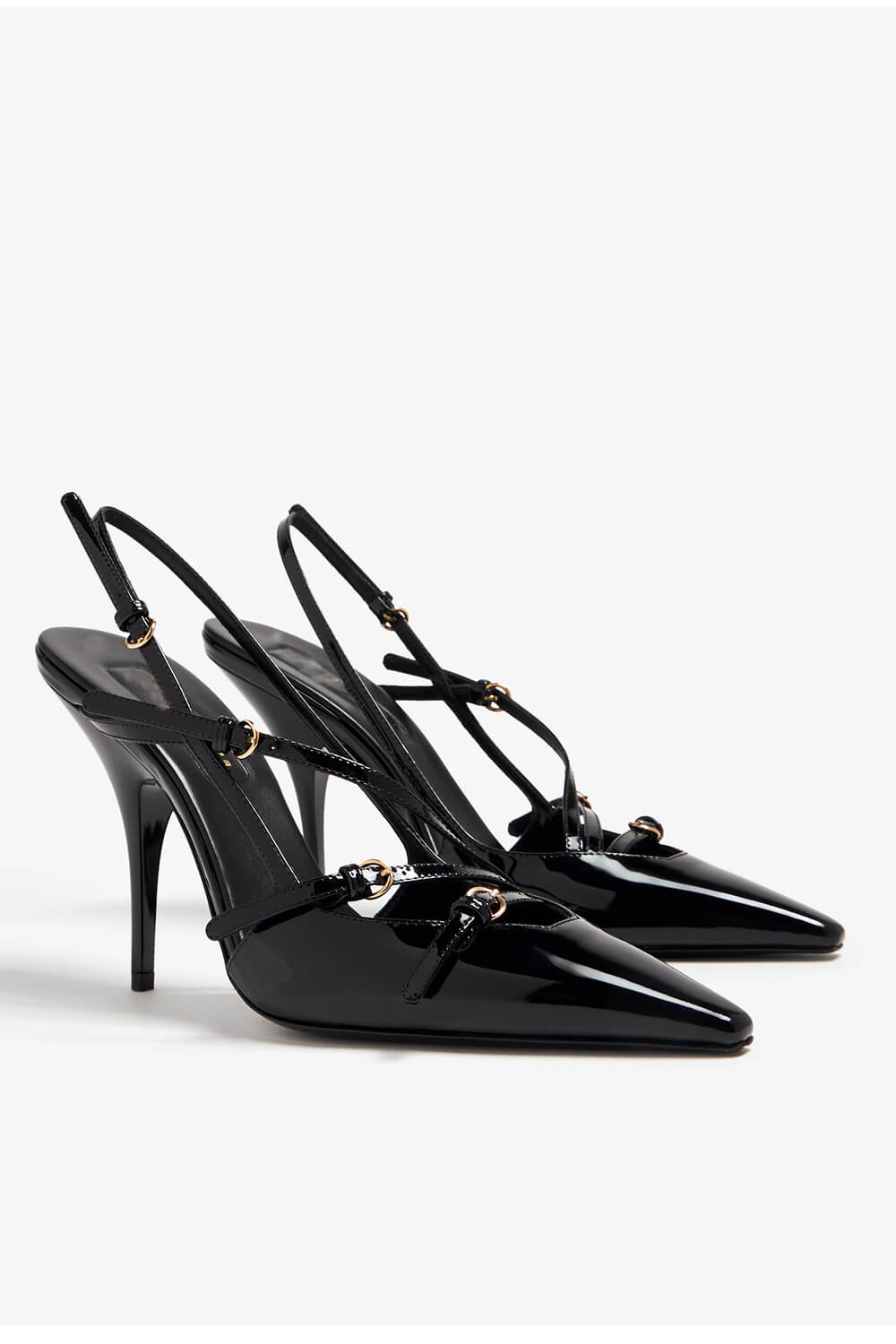 Buckle Patent Pointed Toe Sling Back Court Shoes - Black - Image 2