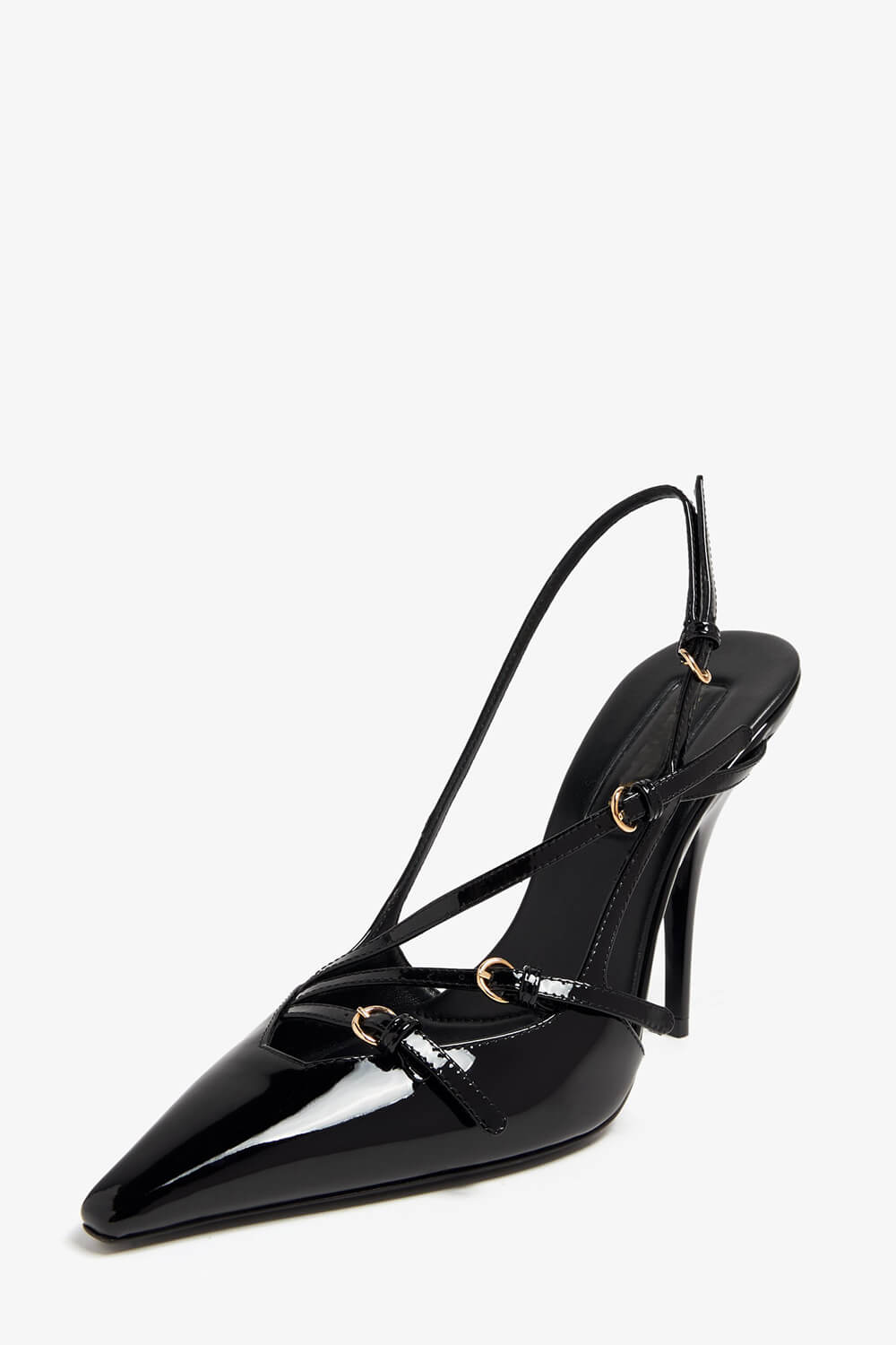 Buckle Patent Pointed Toe Sling Back Court Shoes - Black - Image 3