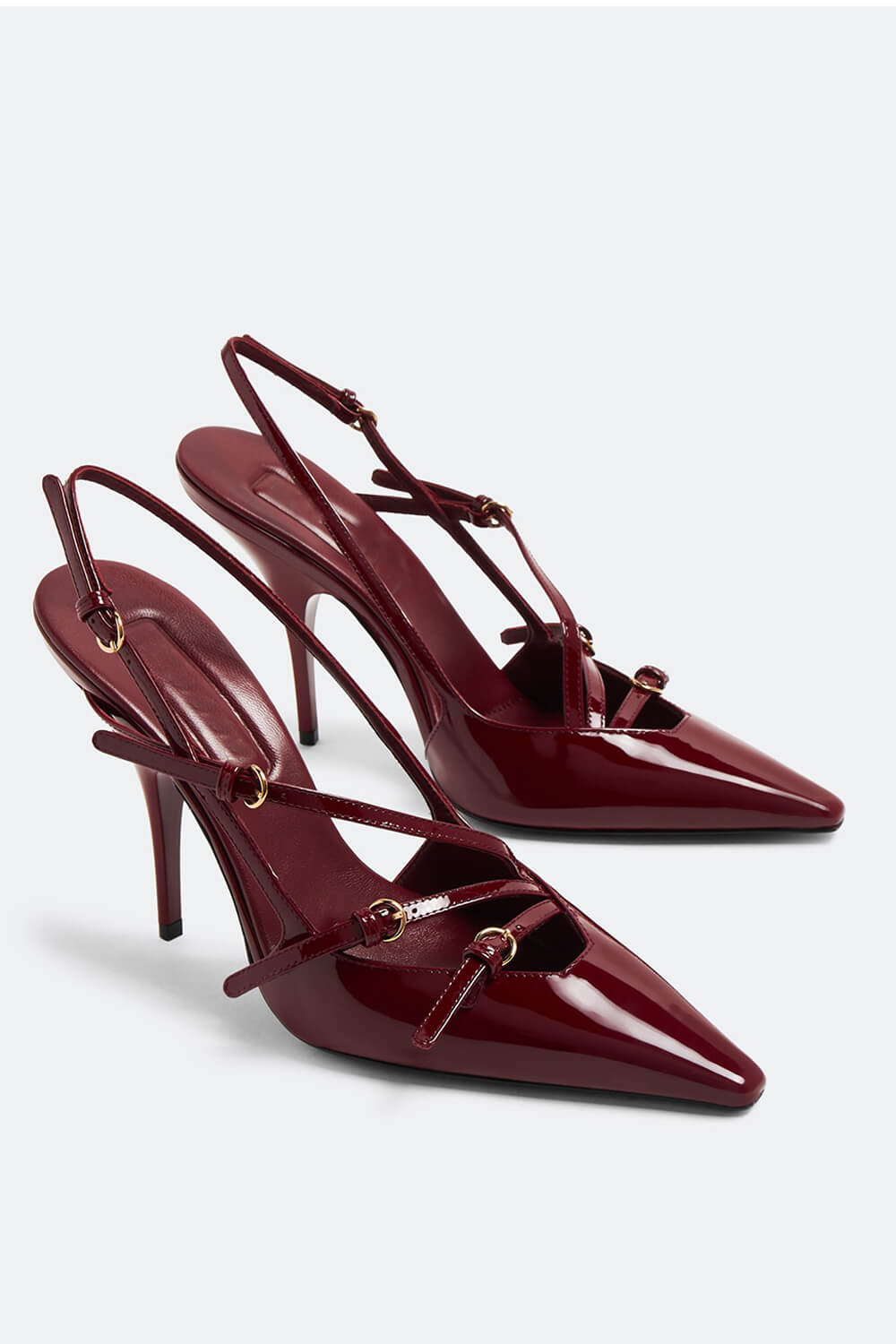 Buckle Patent Pointed Toe Sling Back Court Shoes - Red - Image 3