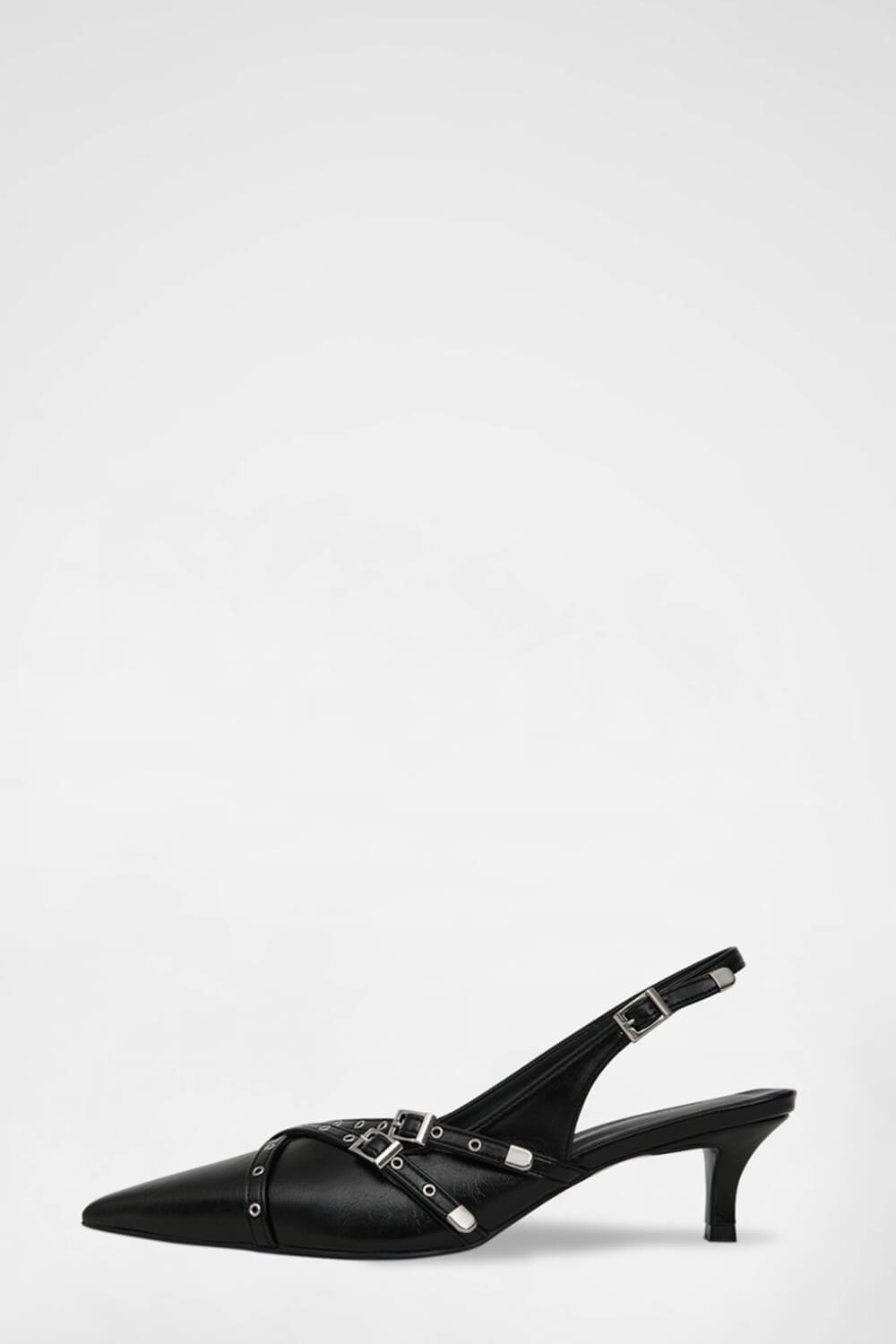 Buckle Faux Leather Pointed Toe Sling Back Court Shoes - Black - Image 5